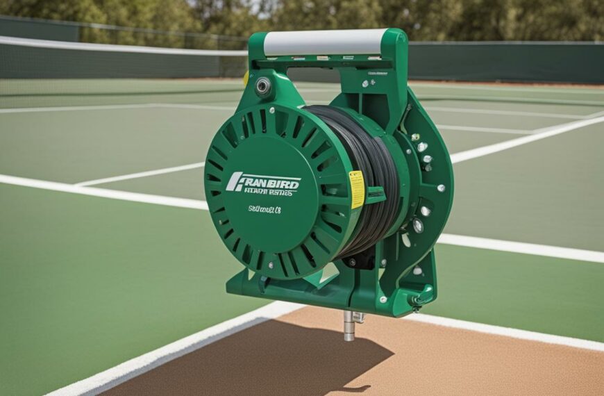 A close-up photo of a Rain Bird 751 Golf Rotor system installed on a tennis court