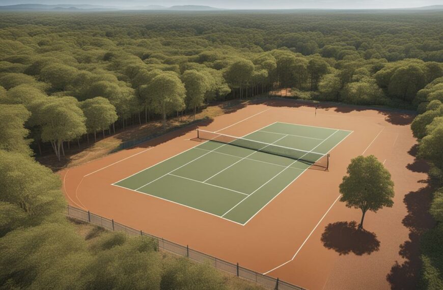 An aerial view of a tennis court located in an open area with good sun exposure