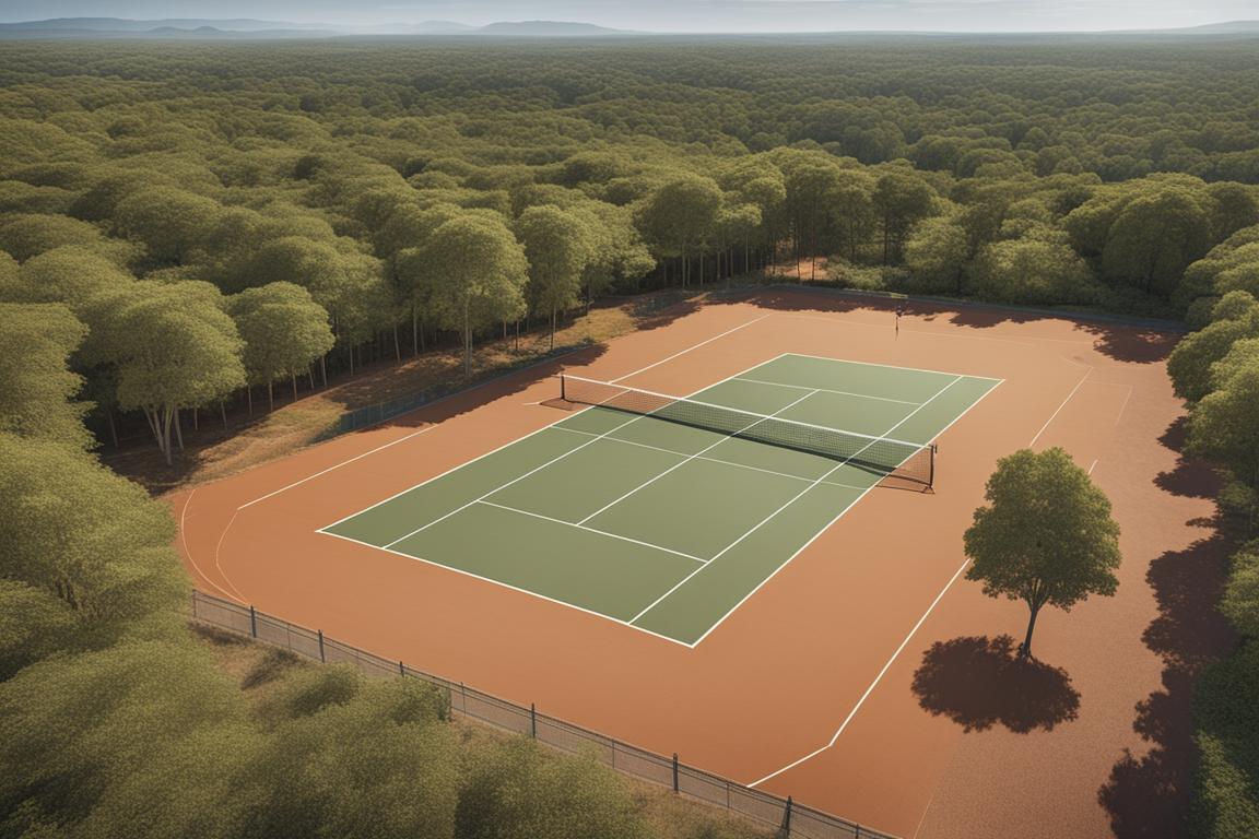 An aerial view of a tennis court located in an open area with good sun exposure