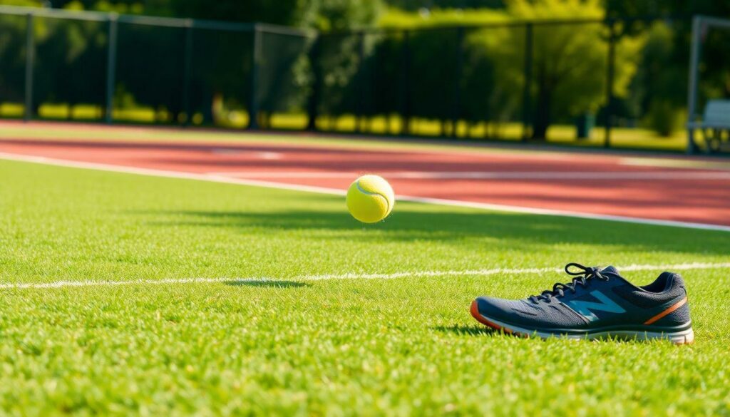 A vibrant image of a tennis court covered in lush green grass