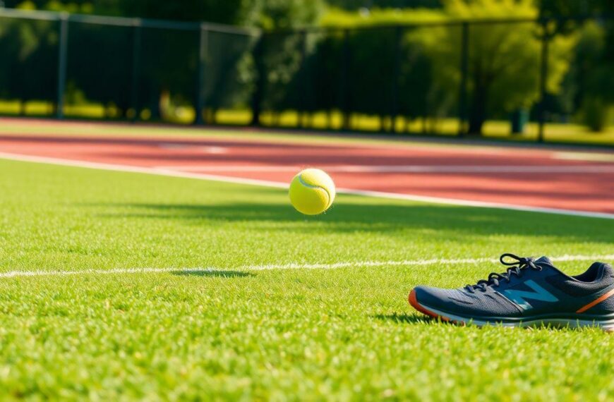 A vibrant image of a tennis court covered in lush green grass